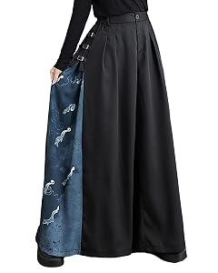 ellazhu Womens Pants Button Black Blue Pattern Patchwork Loose Oversize Length to Ankle GZ253 A