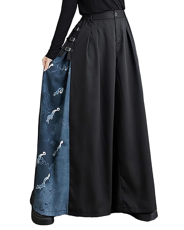 ellazhu Womens Pants Button Black Blue Pattern Patchwork Loose Oversize Length to Ankle GZ253 A