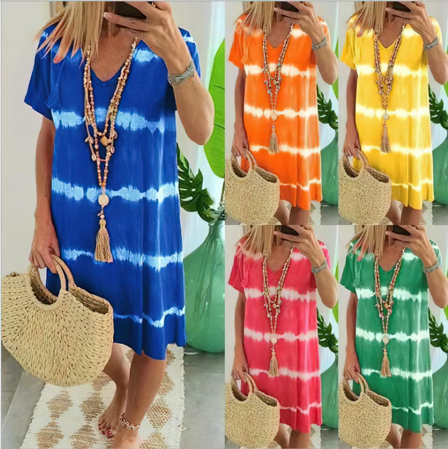 Tie-Dye a Righe Maniche Corte Sciolte T-Shirt Vestito,Tie Dye Vestito per Le Donne,Casual Spiaggia Scollo a V Abiti, WFFUO, G, XL