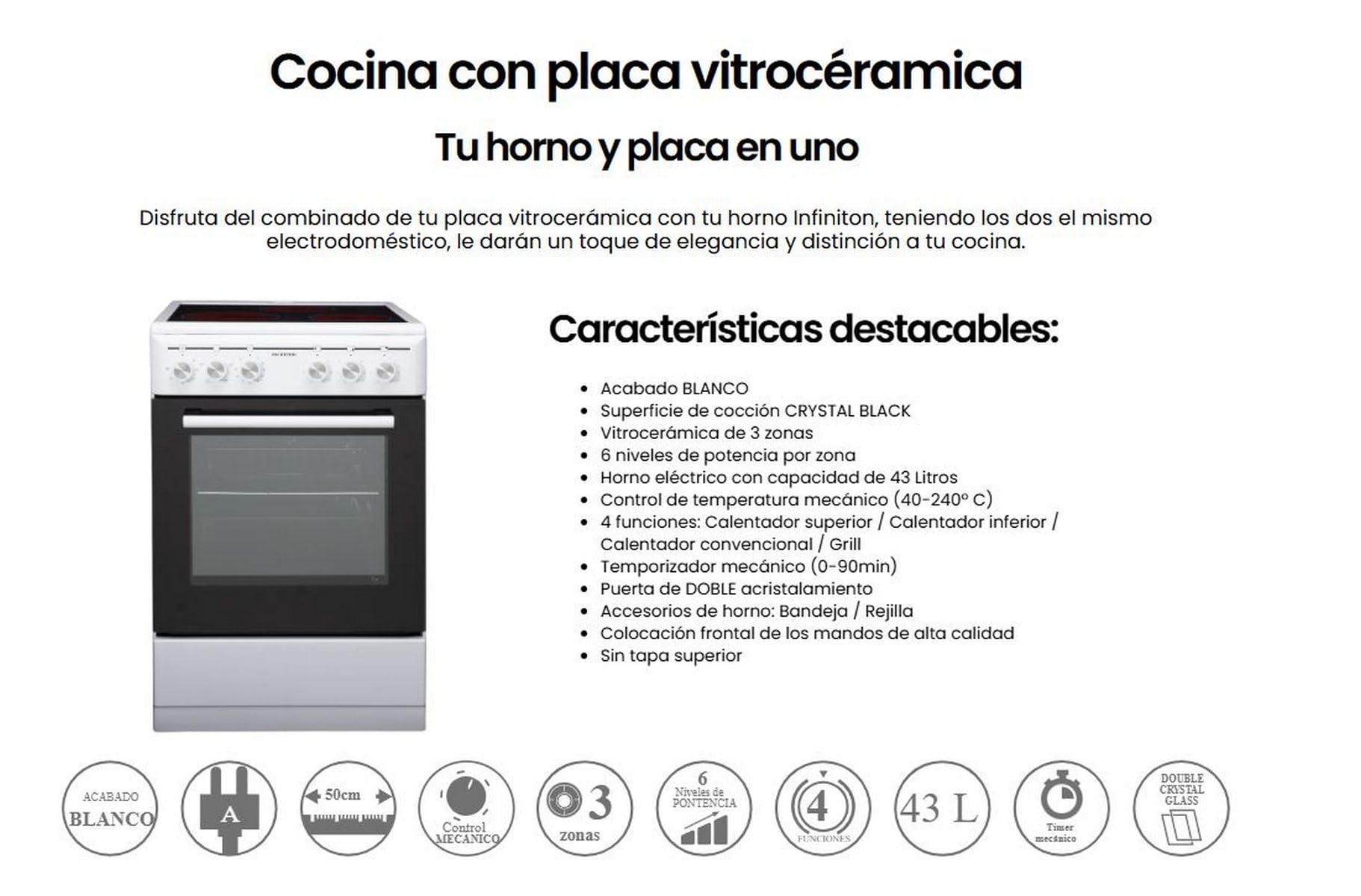 COCINA ELECTRICA CON HORNO CC-V350G INFINITON (Vitroceramica 3 Zonas + Horno Electrico, Ancho 50CM)