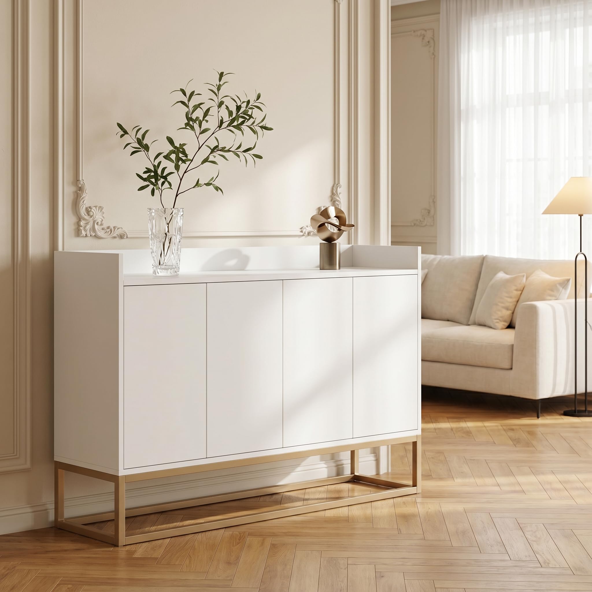 Buffet moderne avec 4 portes et étagères réglables, armoire de rangement, buffet, armoire d'appoint polyvalente pour cuisine, salle à manger et salon (blanc)