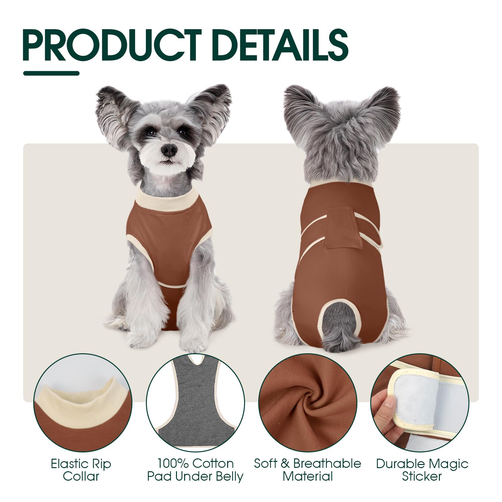 Kuoser Dog Recovery Suit, Post-Surgical Dog Onesie for Male & Female Dogs, Brown, Cotton Blend, S(Back:11.4"-13.4";Chest:15.7"-19.3") - Image 4