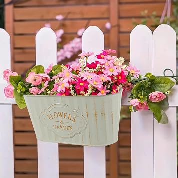 3PCS Railing Planter, Hanging Flower Pots with Detachable Hooks & Drainage Holes, Iron Flower Shelf for Balcony Garden Patio Decor, 27×14.5cm