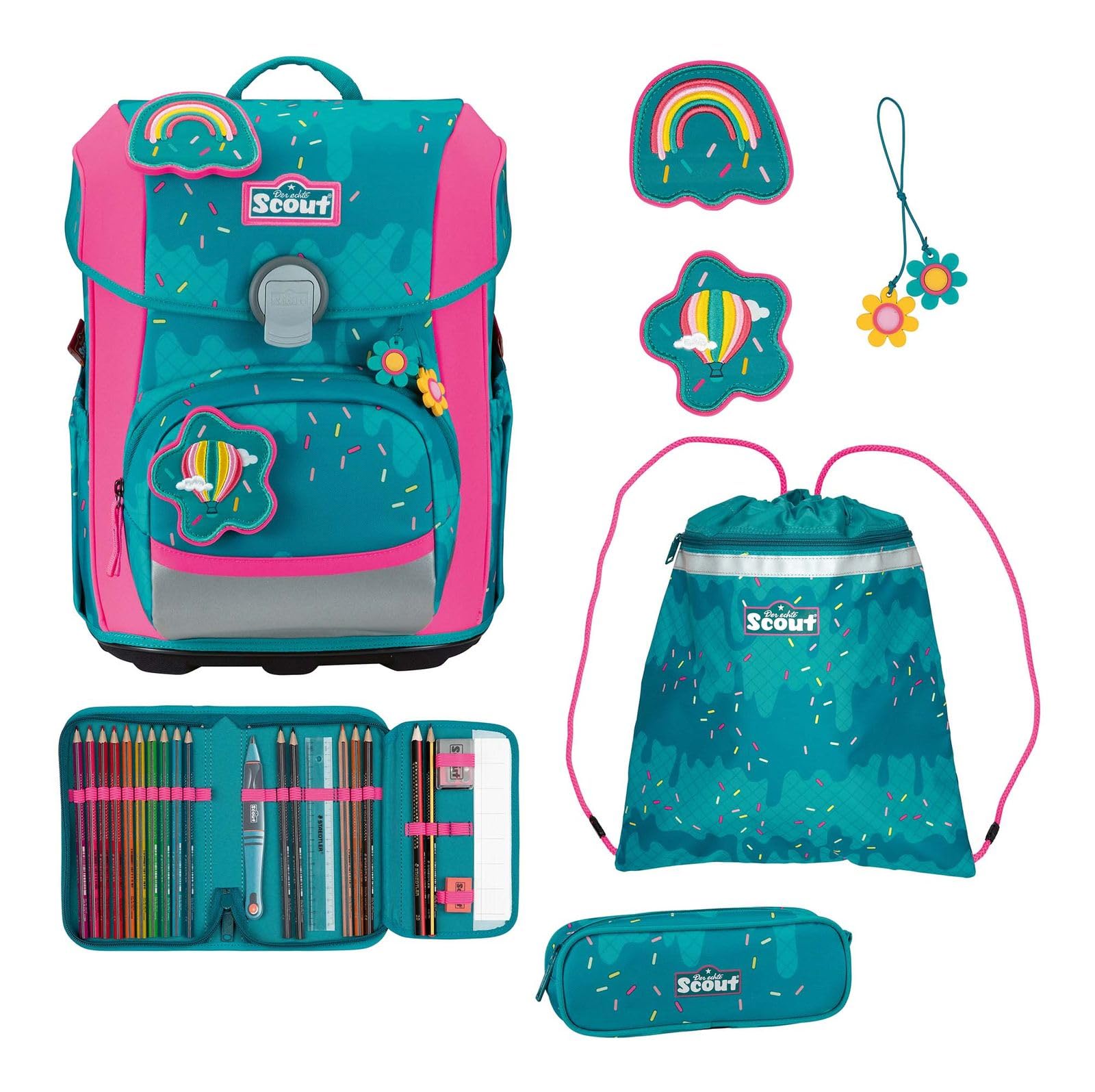 SCOUT mochila escolar Basic Neo Set 4 -piezas Happy Confetti azul petróleo