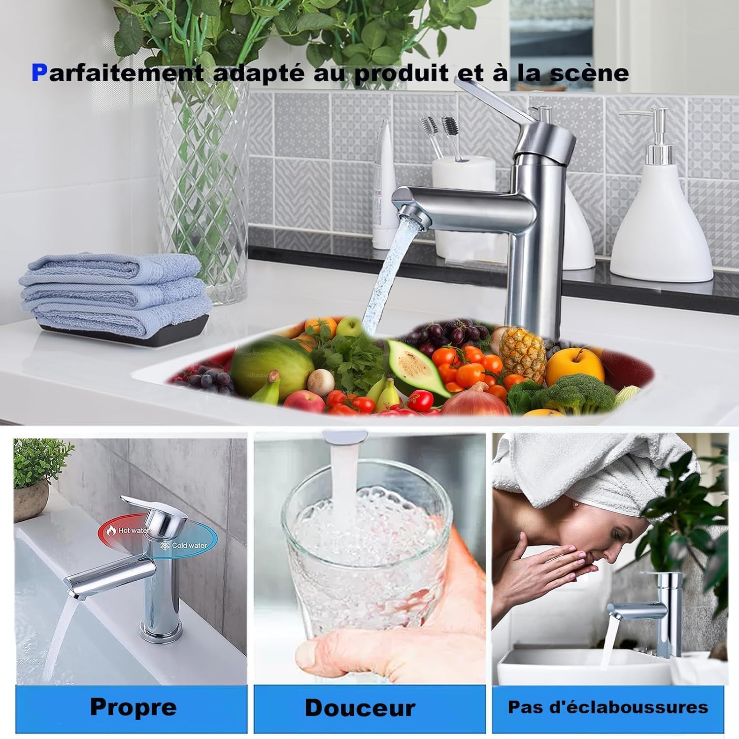Robinets de lavabo et salle de bain chauds et froids en acier inoxydable, avec économie d'eau silencieuse et sans égouttement pour salle de bain, lavabo, petits robinets de cuisine (brossé)