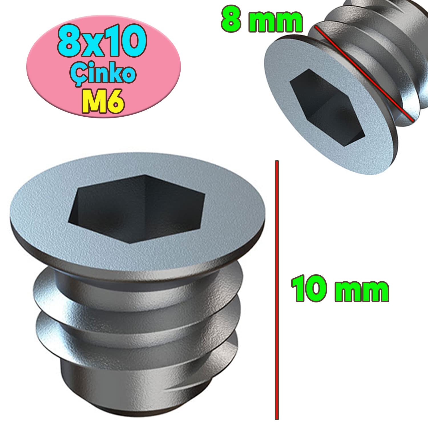 Badem10 Metal Dübel 8x10 M6 Çinko (50 ADET)