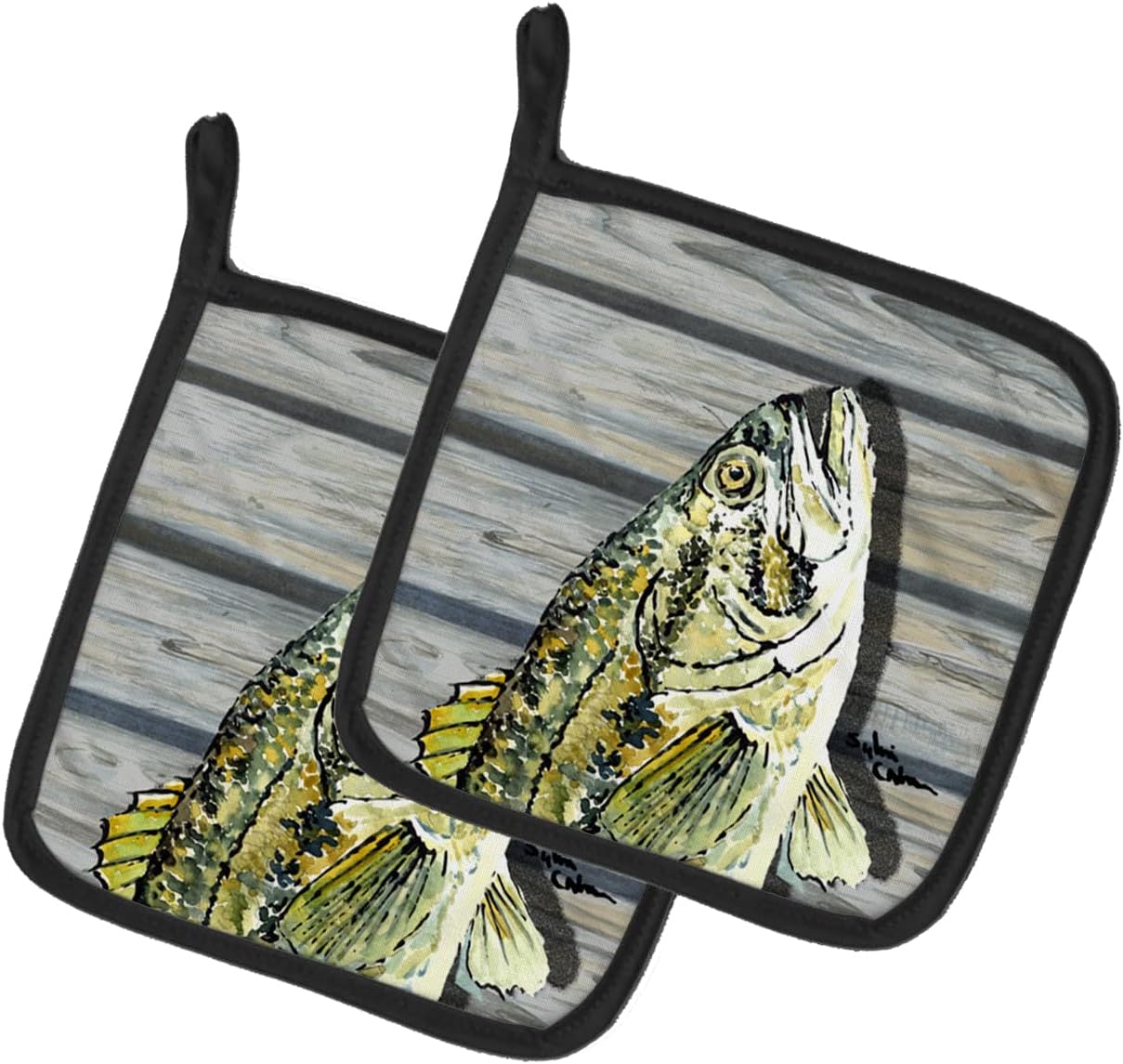 Caroline's Treasures 8493PTHD Fish Bass Small Mouth Pair of Pot Holders Kitchen Heat Resistant Pot Holders Sets Oven Hot Pads for Cooking Baking BBQ, 7 1/2 x 7 1/2