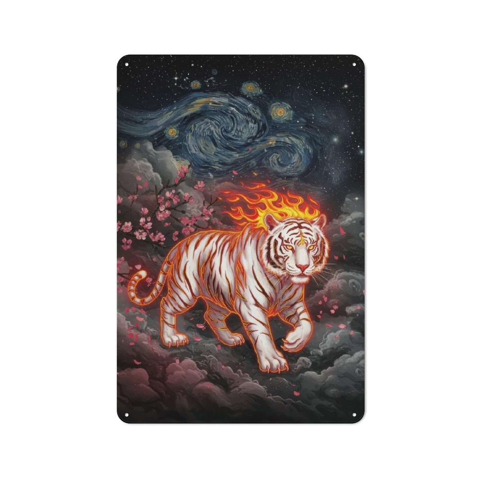 Junmoney Fiery Tiger Under Starry Night Metal Plaque 30X20cm With For Garage Wall, Rustic Decor, For Vintage Wall Decor Fans, For Themed Room Decoration