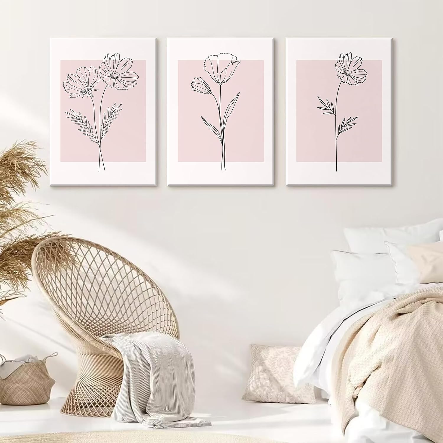 Pink Wall Art Pictures Decor Blush Pink Flower Canvas Painting Floral Botanical Wall Art Girl Room Poster Aesthetic Coquette Artwork for Bedroom Office Bathroom 12x16 Inch Wrapped Canvas set of 3