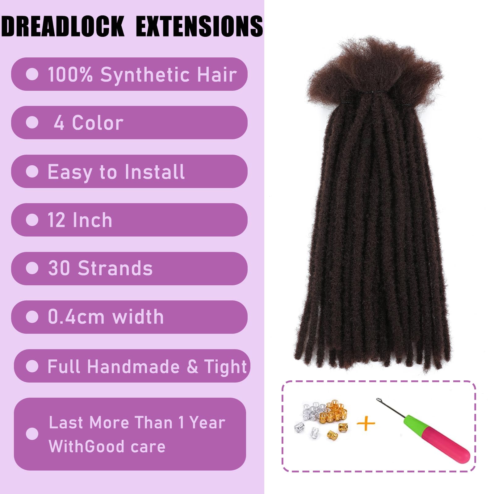 SHIHERESH Dreadlock Extensions Synthetic Hair 0.4cm Width 30 Strands Soft Dreads Extensions Dreads Loc Reggae Hippie Handmade Dreadlock Extensions for Women/Men(4#,12inch) - Image 2