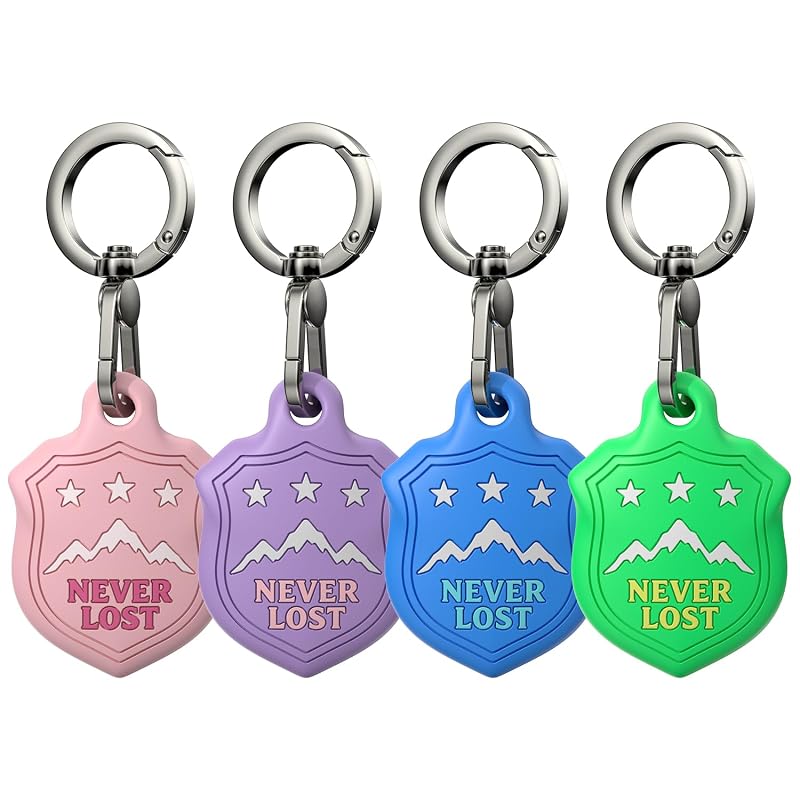 Kit com 4 Capas Porta-Apple AirTag com Chaveiro em Silicone, Estampas de Montanha, Rosa-claro, Lavanda, Azul-vivo e Verde WhoseID