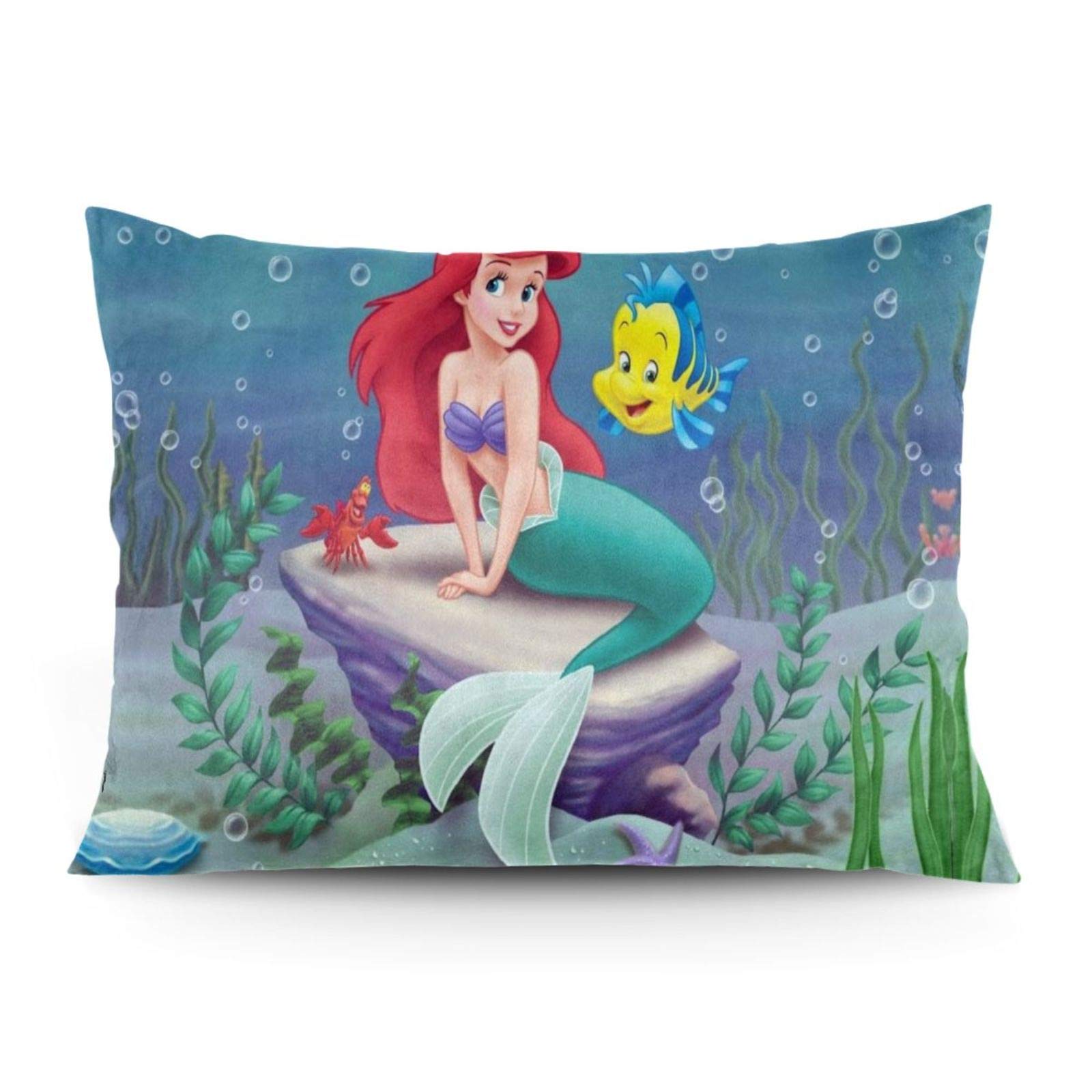 Omigge Cute Cartoons Square Throw Pillow Case, Soft Velvet Cushion Cover with Hidden Zippe for Couch Sofa Home Bed Decoration, Disney Ariel Little Mermaid Ocean Grass