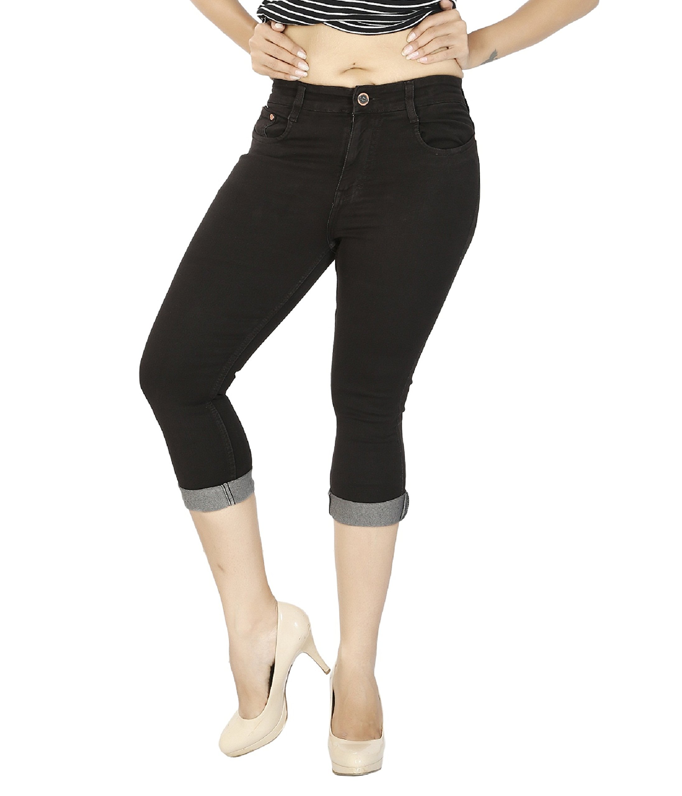 FCK-3 Stretchable Denim Solid Mid Waist Knee Length Button Closure 5 Pocket Capree for Women, Brown, 44