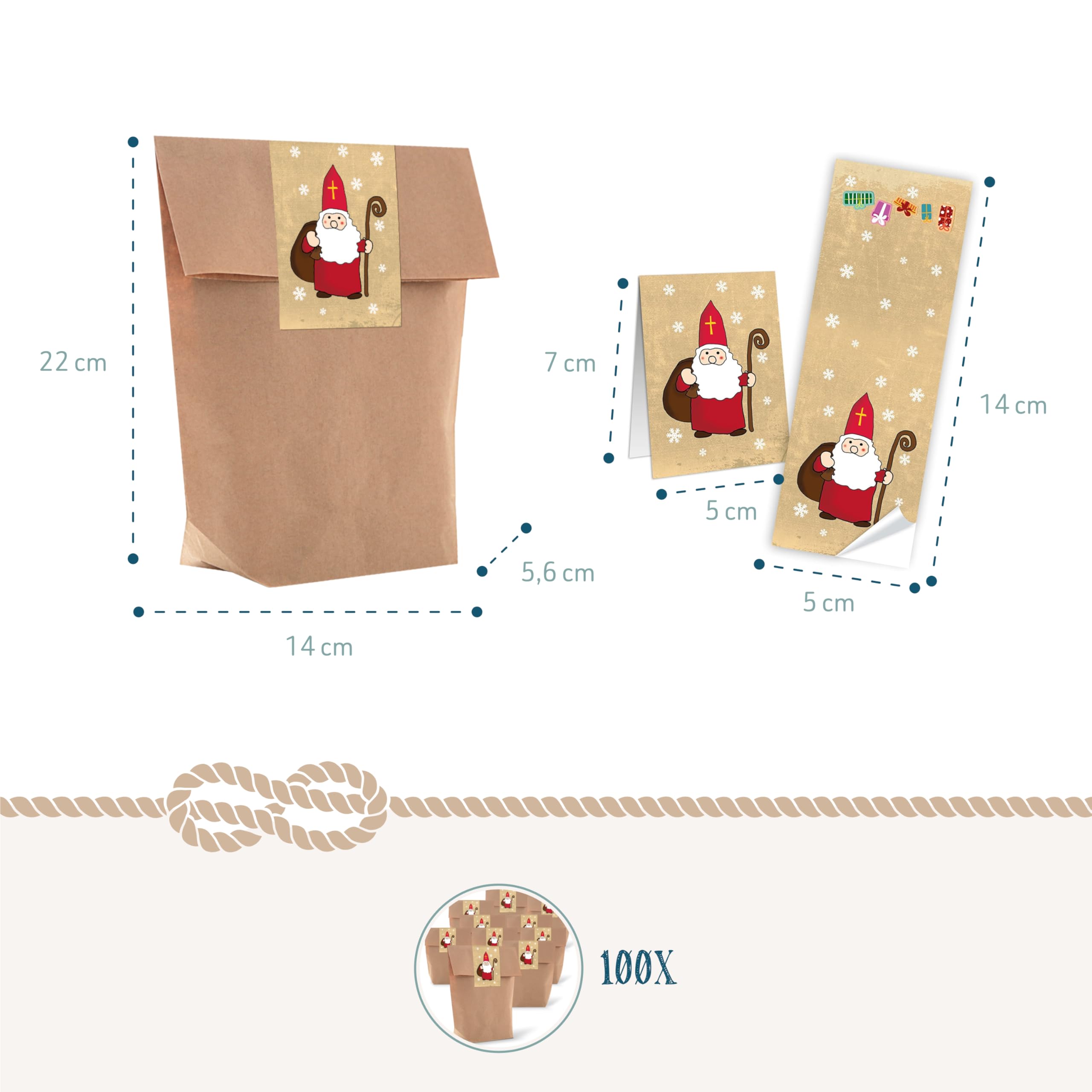 Logbuch-Verlag 100 brązowych torebek prezentowych na Boże Narodzenie 14 x 22 x 5,6 cm z papieru typu kraft z naklejkami bożonarodzeniowymi opakowanie Mikołaja
