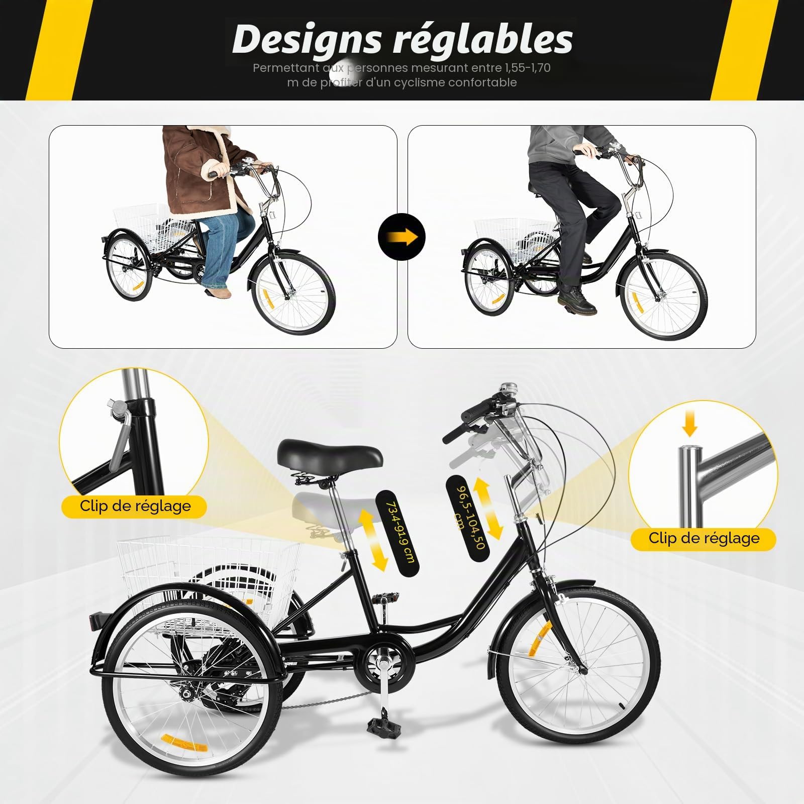 Tricycle de 20 pouces pour adulte - 8 vitesses - En acier au carbone - Peut supporter 110 kg - 3 roues - Avec panier à provisions - Tricycle pour personnes âgées (155-180 cm)