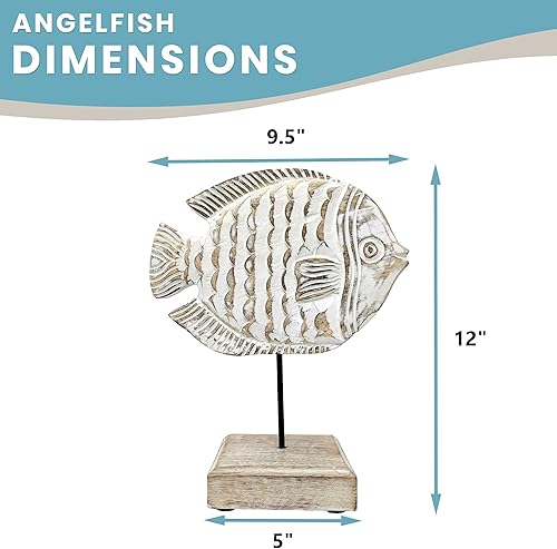 Miniatura 2 de Escultura de pescado de madera para decoración del hogar, estatua de pez ángel hecha a mano en el soporte de base, decoración náutica de mar para
