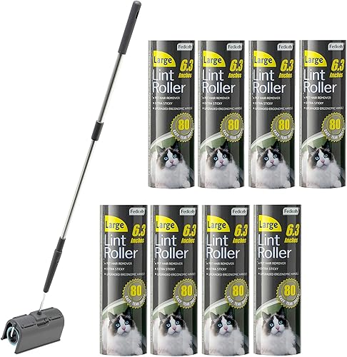 Fedicelly Rodillos de pelusa para mascotas, extra pegajosos para el suelo con mango largo, removedor de pelo grande para gatos y perros, ropa de