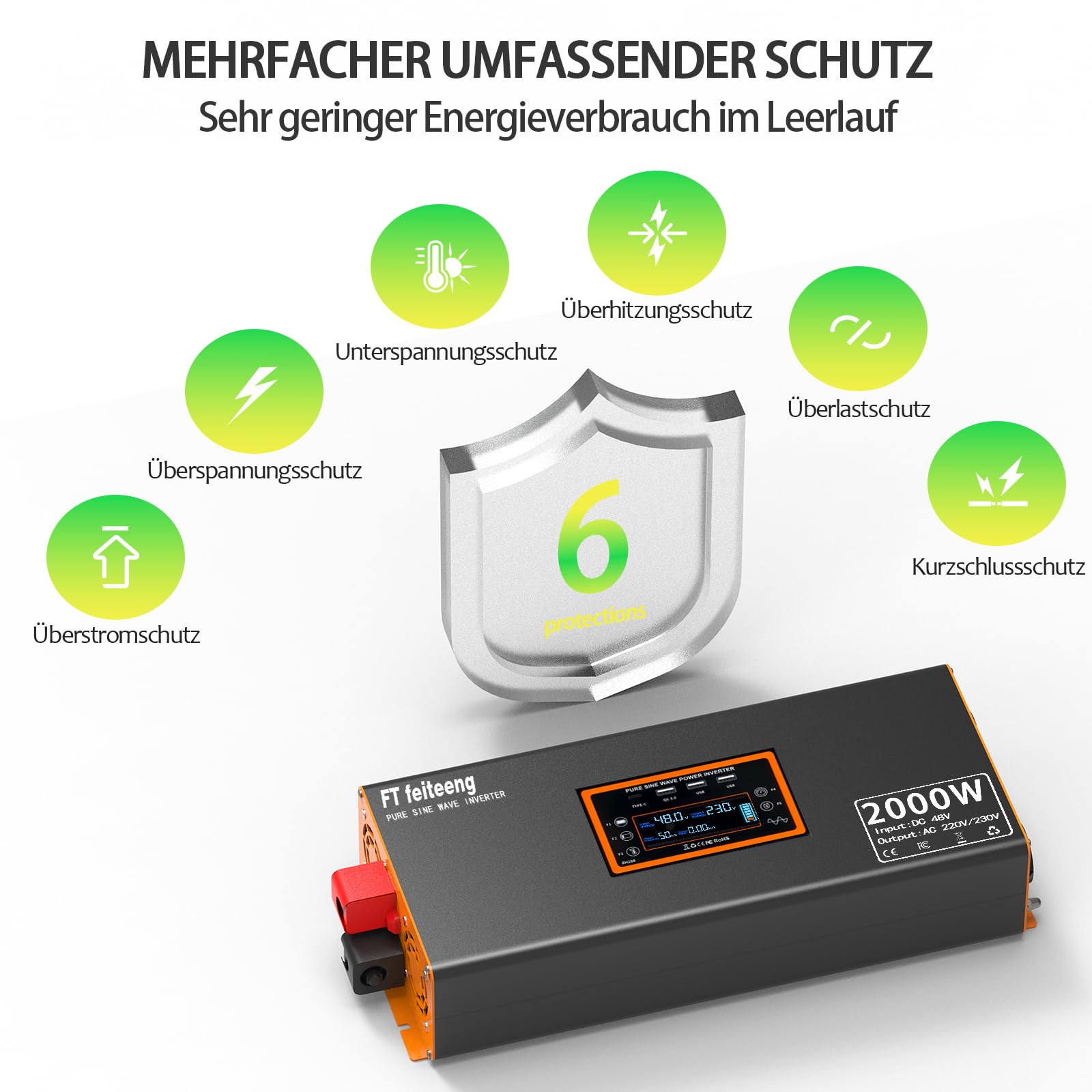 48V 2000W Wechselrichter 48V auf 230V Reine Sinuswelle -Spannungswandler mit LCD Display 2 EU-Steckdosen und 4 USB Typ-C Port、Konverter Fernbedienung für Wohnmobil AutoCamping