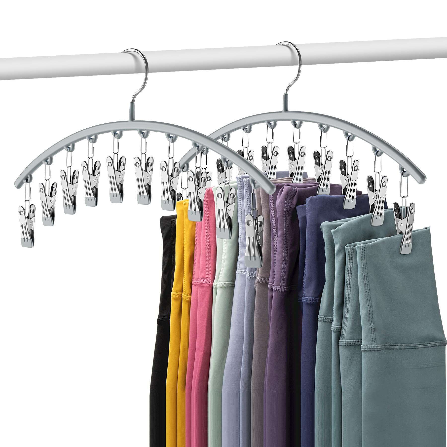 Volnamal Legging Organizer for Closet, Metal Yoga Pants Hanger w/Rubber Coated 2 Pack w/10 Clips Hold 20 Leggings, Hangers Space Saving Hanging Closet Organizer for Closet Organizers and Storage-Grey