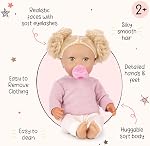 LullaBaby Baby Doll, 14-Inch Realistic Soft-Body Doll, Blue Eyes | Blue eyes, wavy light-blonde hair, pink sweater and pants, 2 hair elastics for styling play, pacifier included, 2+ Years