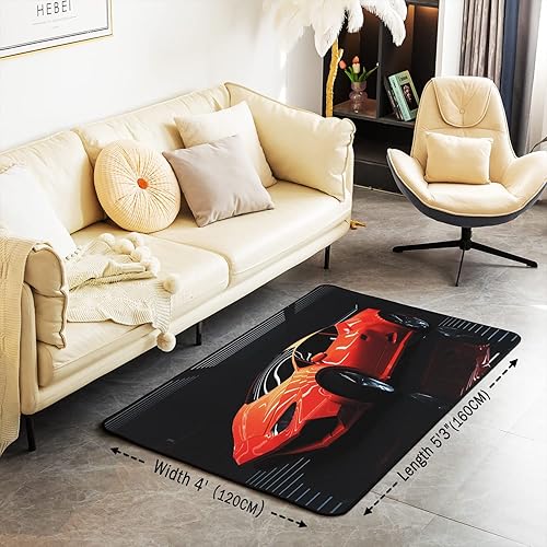Miniatura 3 de Alfombra de área de coche de carreras de 5 x 7 pies, alfombra suave roja fresca para sala de estar, dormitorio, tapete de franela antideslizante