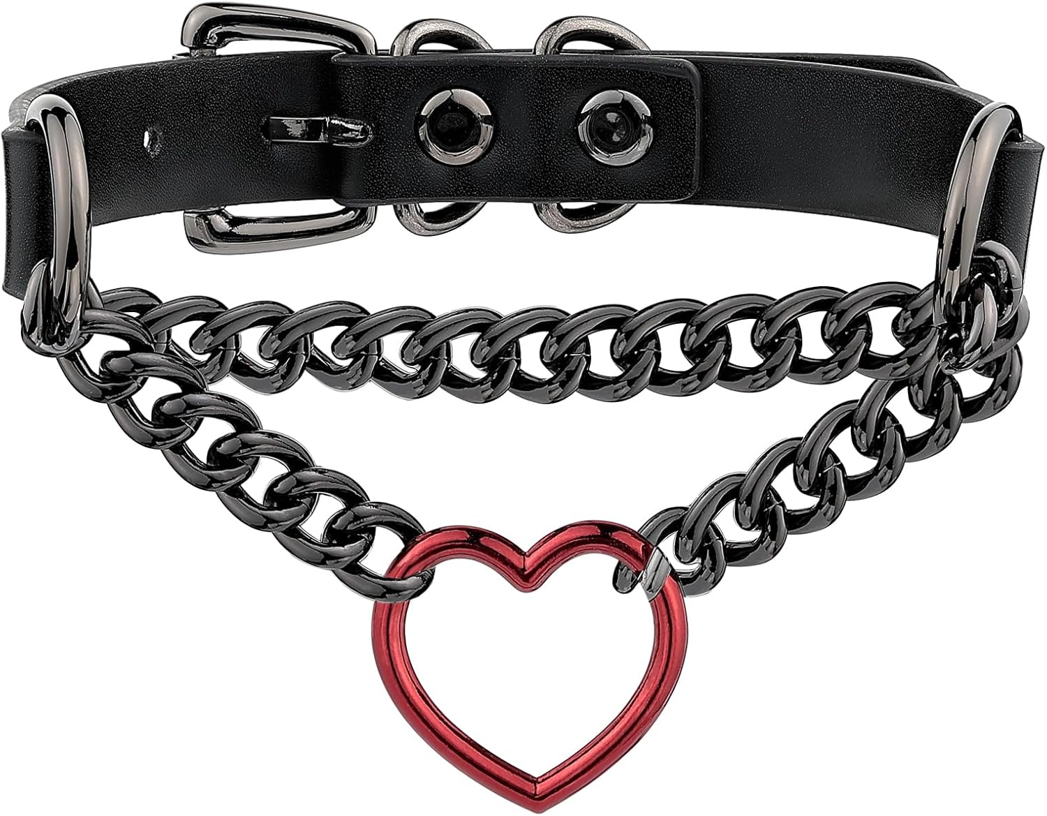 Black/Pink Leather Choker Necklace For Women, Handmade Adjustable Chain Collar with Metallic Heart Ring - Image 2