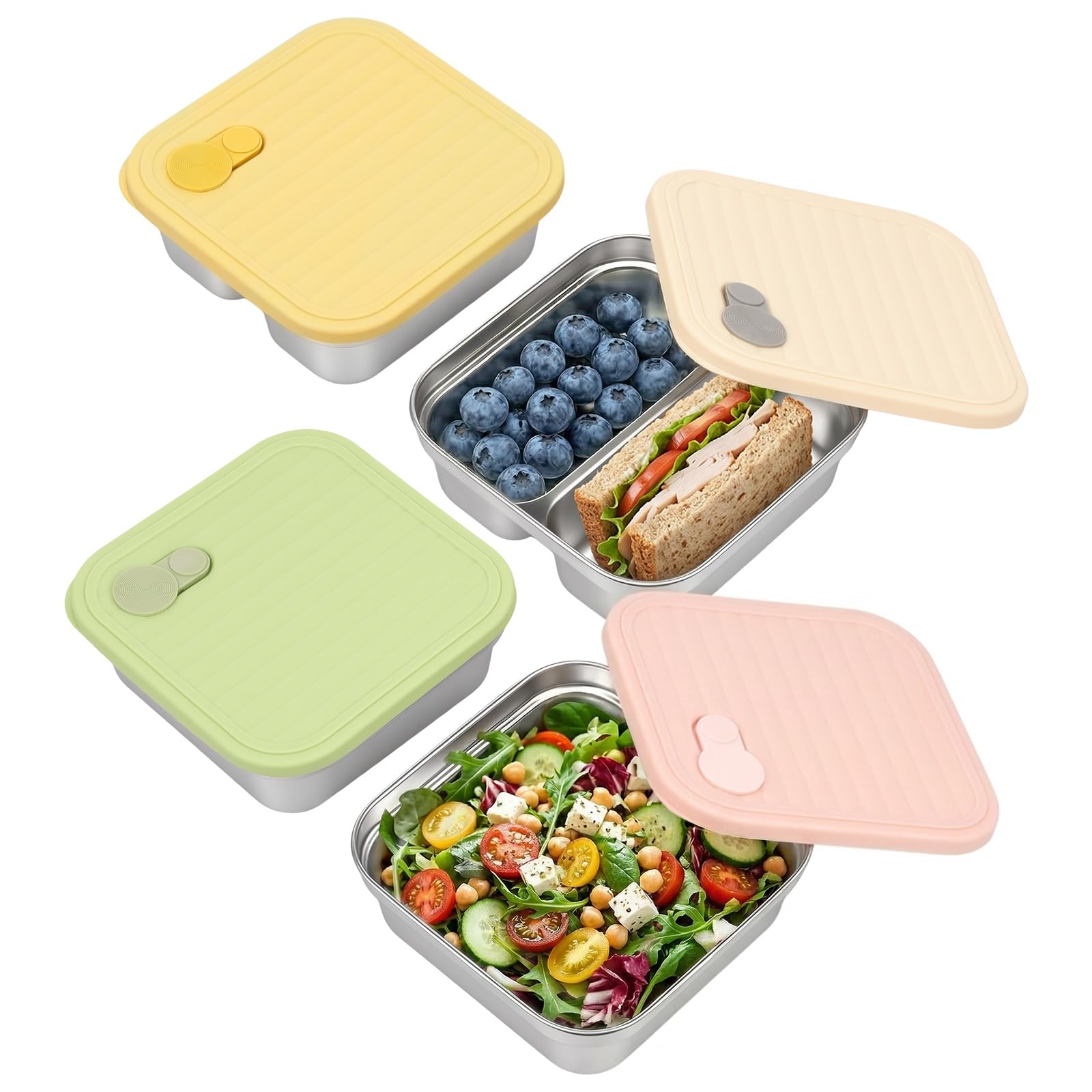 Zhjiutak Multicolour 4 Packs Stainless Steel Snack Containers With Silicone Lid,Meal Prep Containers Includes 2 Single And 2 Double Compartment Food Box Lunch Boxes