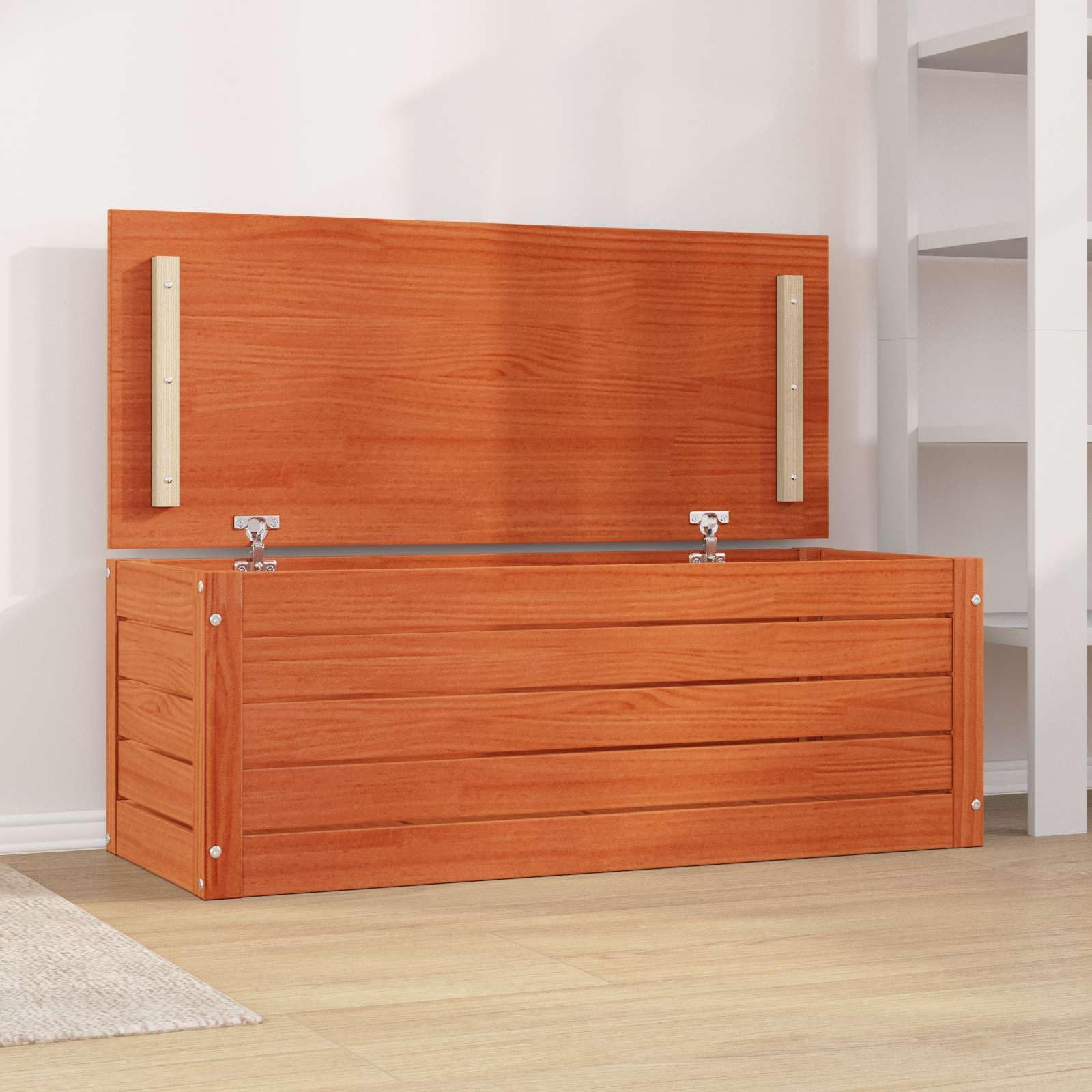 Aufbewahrungsbox aus Massivholz 89x36,5x33 cm Holzkiste mit Tür und Scharnieren robuste Lagerbox Kiefernholz Truhe für Wohnzimmer Flur und Büro Wachsbraun