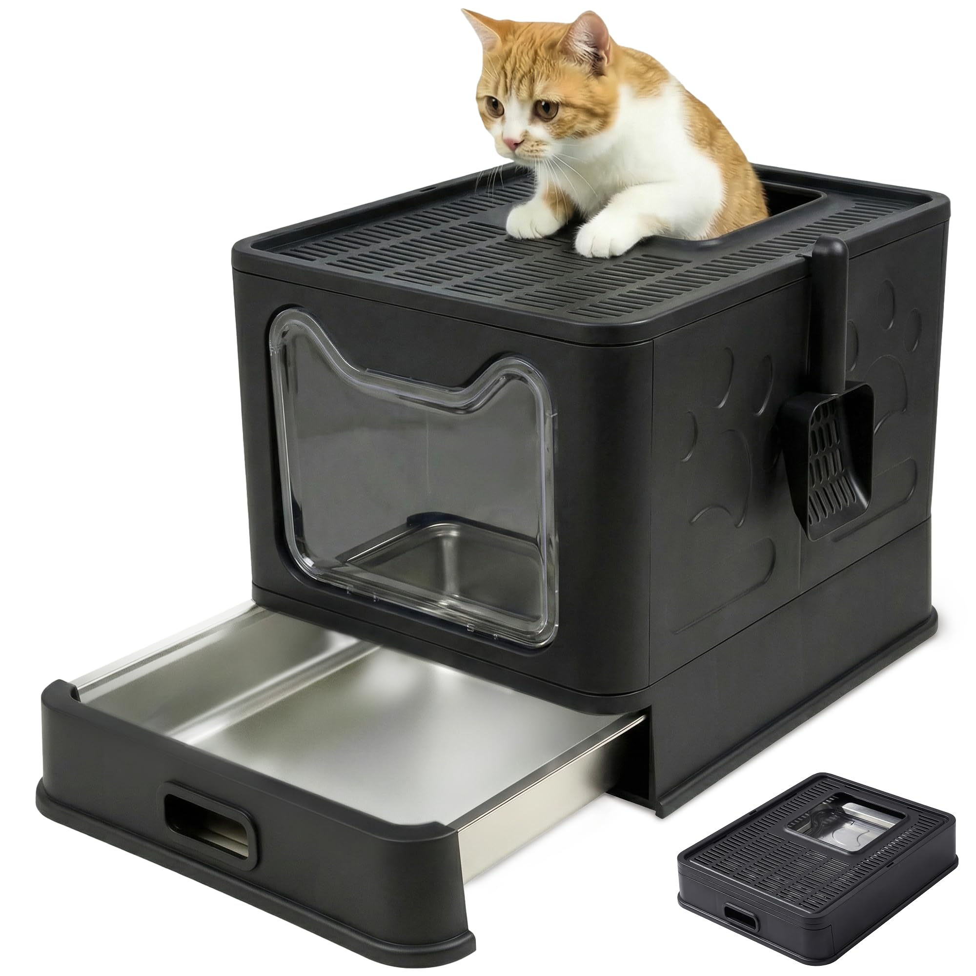 Lettiera gatto acciaio inox – Toilette chiusa con vassoio estraibile Antiodore, antiperdita, facile da pulire – Entrata avanti/uscita superiore – Lettiera gatto con paletta (38,3×51×41 cm),Nero