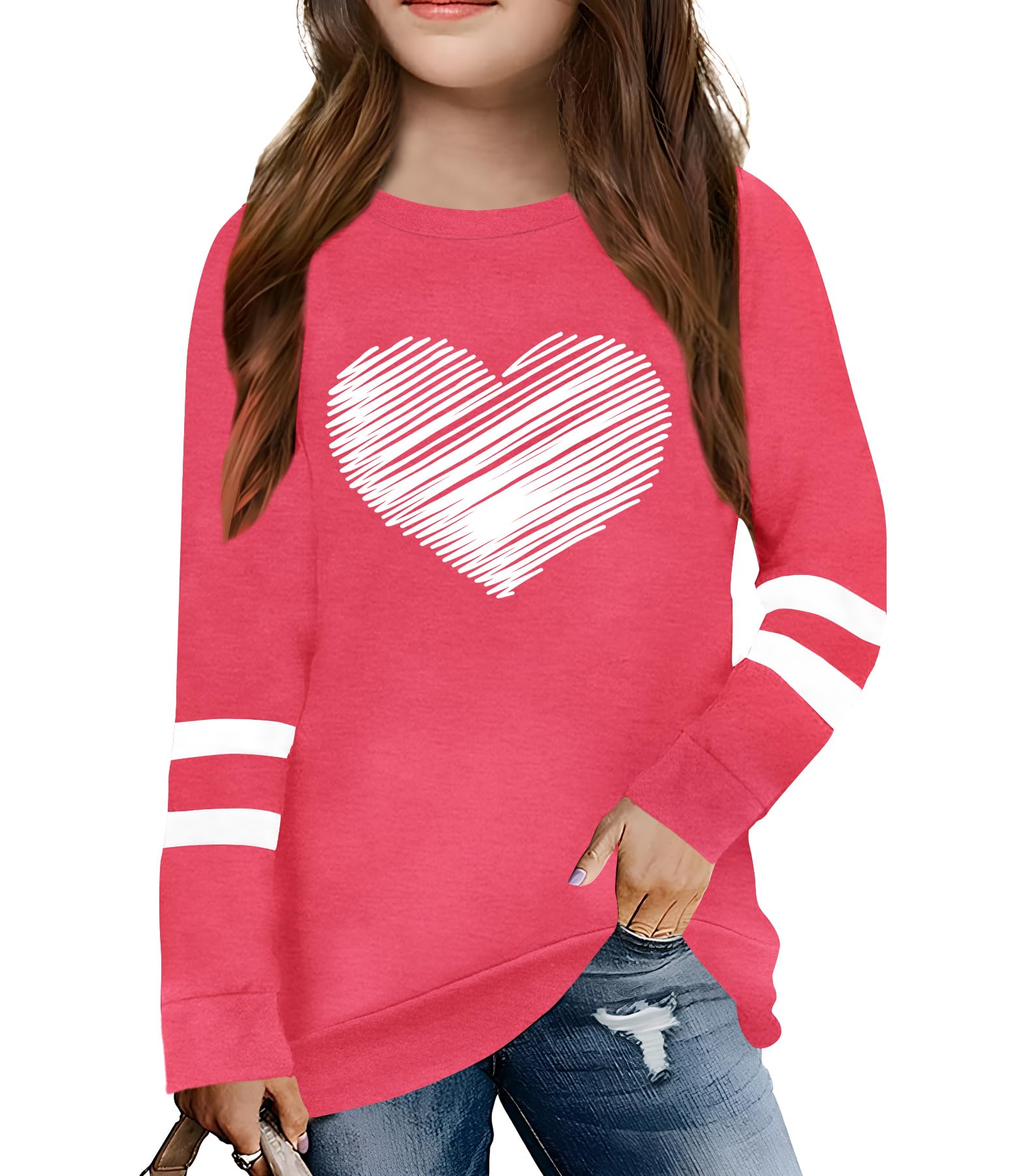 LAZYCHILD Kids Valentine Shirt Girls Valentines Day Shirts Heart Graphic Long Sleeve Striped Tee Tops 5-14 Years