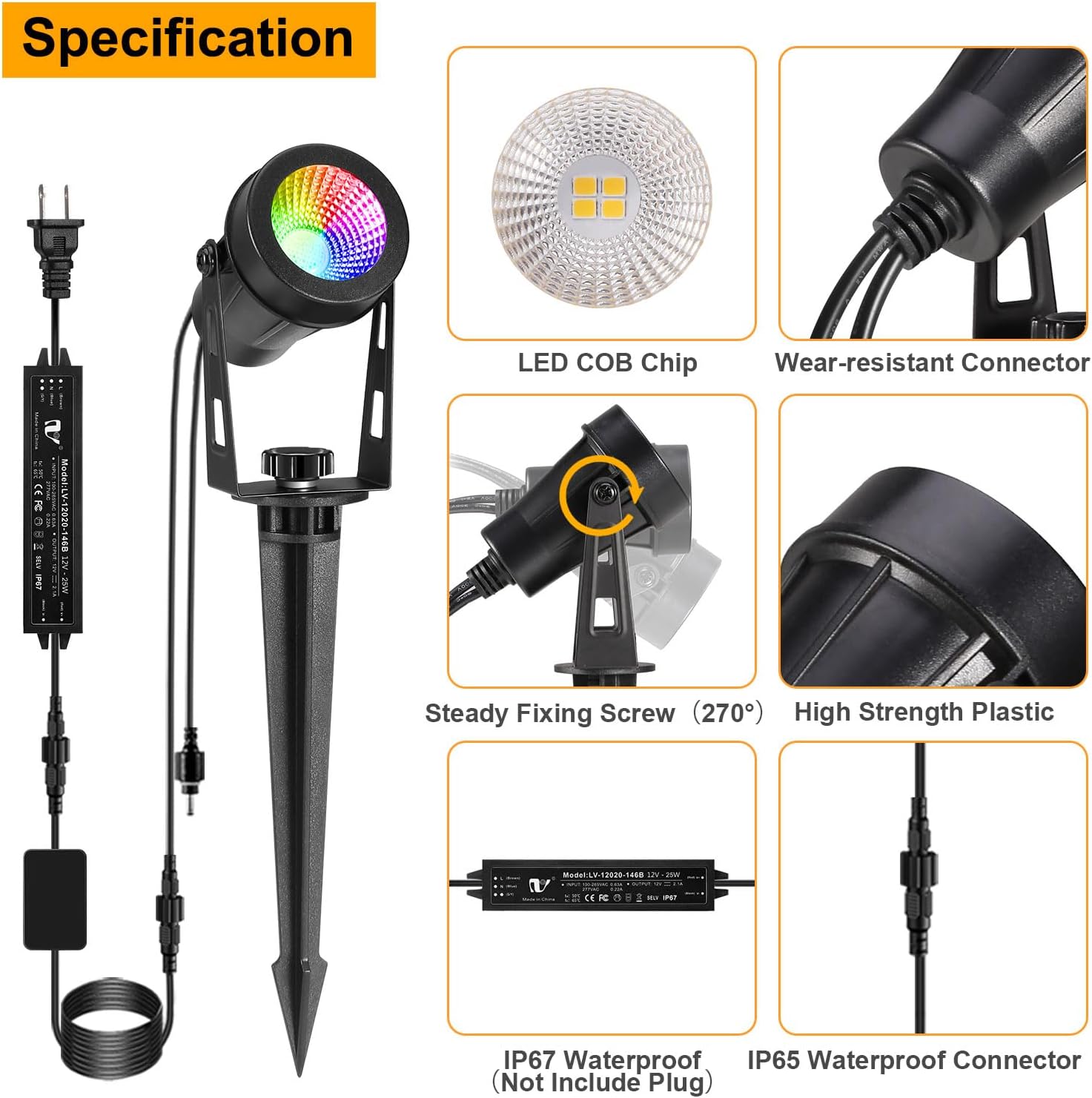 RGB LED Landscape Spotlights, 4 Pack, Multicolor, Waterproof, 12V Low Voltage, Ideal for Patio, Yard