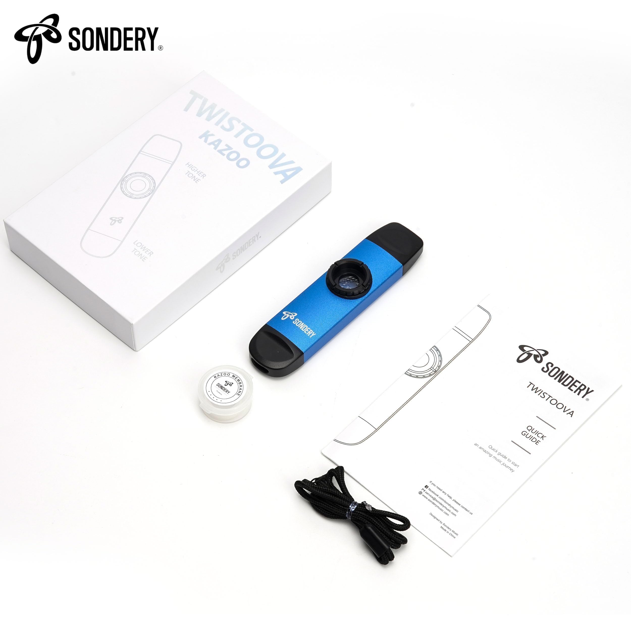 Sondery Kazoo professionnel en métal, kazoo à double tête avec cordon et 5 membranes pour tous les âges et occasions, bleu