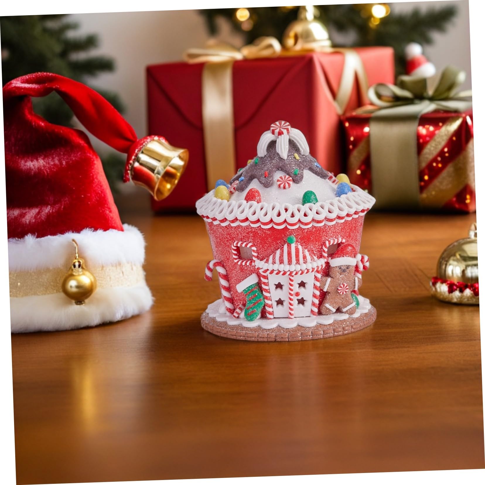 Figurilla Castillo de Galleta de Jengibre LED con Luz Escultura Navideña Pastel para Decoración de Mesa Navidad Adorno Festivo Versátil para Hogar y Oficina