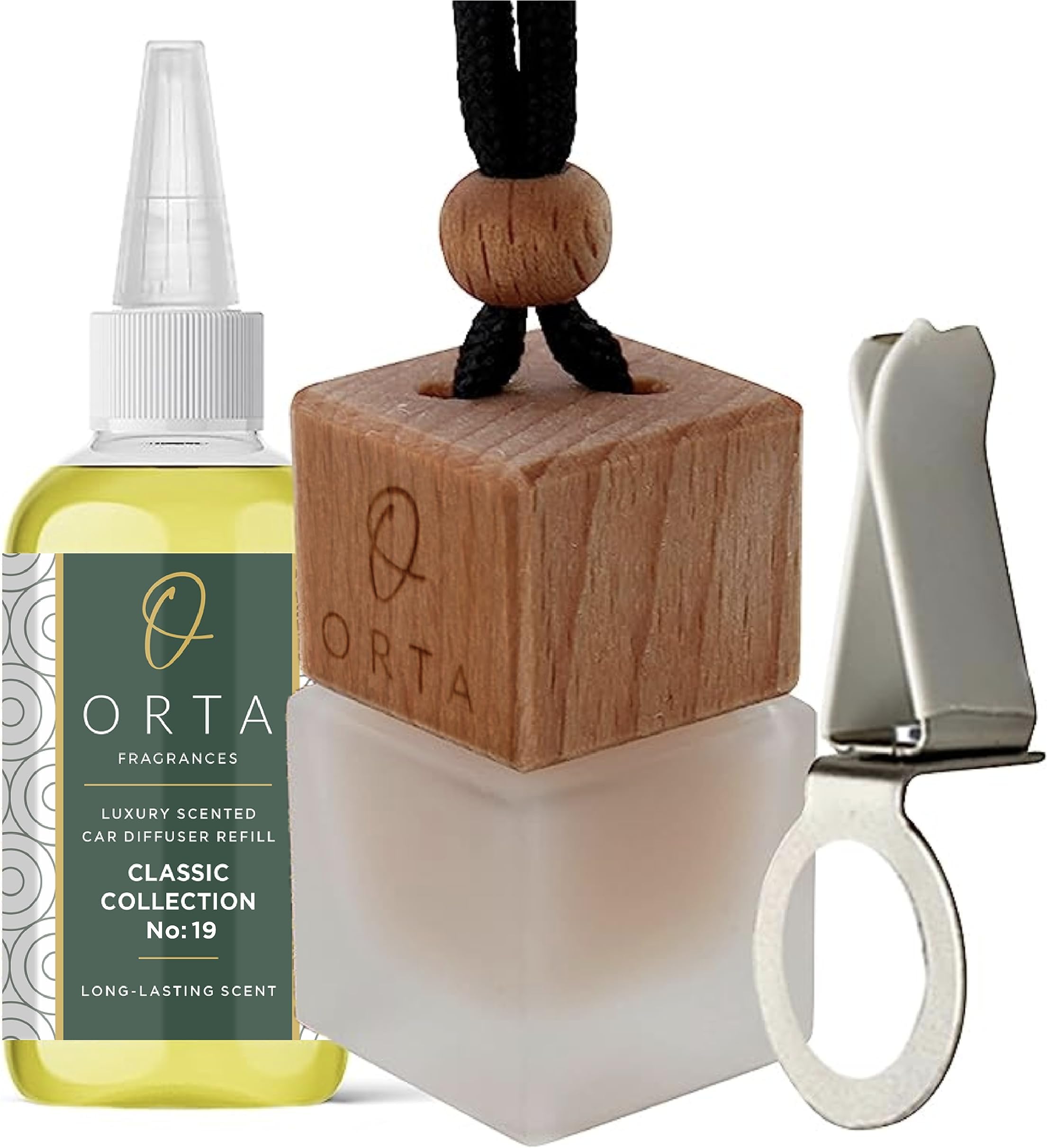 Orta Fragrances No19 Tom Forde Oude Woode Inspired Car Air Freshener Set | Vent Clip and Refill Included | Long Lasting Car Diffuser Scents for Men and Women | Odor Eliminator Car Accessories | 8ml