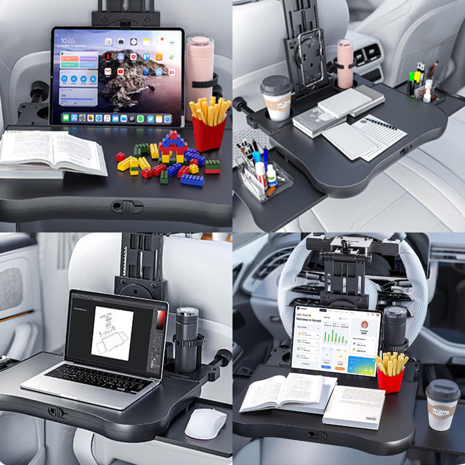 Tragbarer Autositz Tabletttisch, Faltbarer Auto Tisch für Rücksitz Beifahrer mit Getränkehalter und Handyhalter, Multifunktional Esstisch für Kinder Erwachsene, Belastbarkeit 15-20 kg
