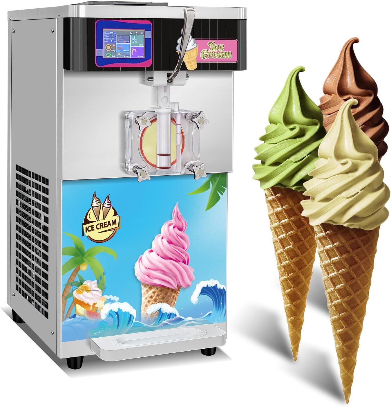 Commercial 1 Flavors Soft Serve Ice Cream Maker,Countertop Ice Cream Maker Machine, with Pre-cooling Hopper,TouchScreen,High Puffing,Dispenser Continuously,Shortage alarm,Auto Clean for Cafe,Bar