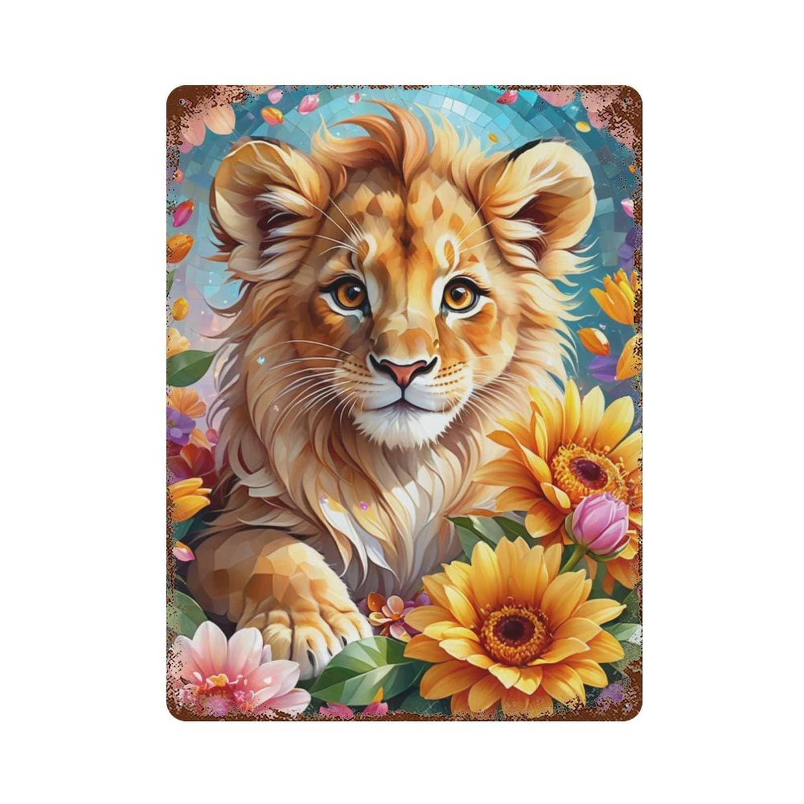 Lion Cub in Flowers Vintage Wall Sign 15.7"x11.8", Rust Effect Metal Decor for Garage, Bar And Workshop Decor