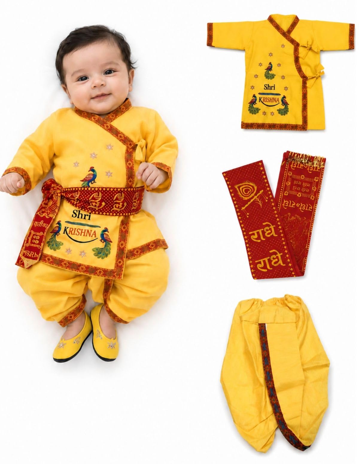 BookMyCostume Cotton Shri Krishna Dress For Baby Boy | Print Krishna Costume For Kids With Patka | Janmashtami Photoshoot Outfit | Kanha Dress For Baby Boy | Fancy Dress Costumes For Kids | 1-2 Years-image-0