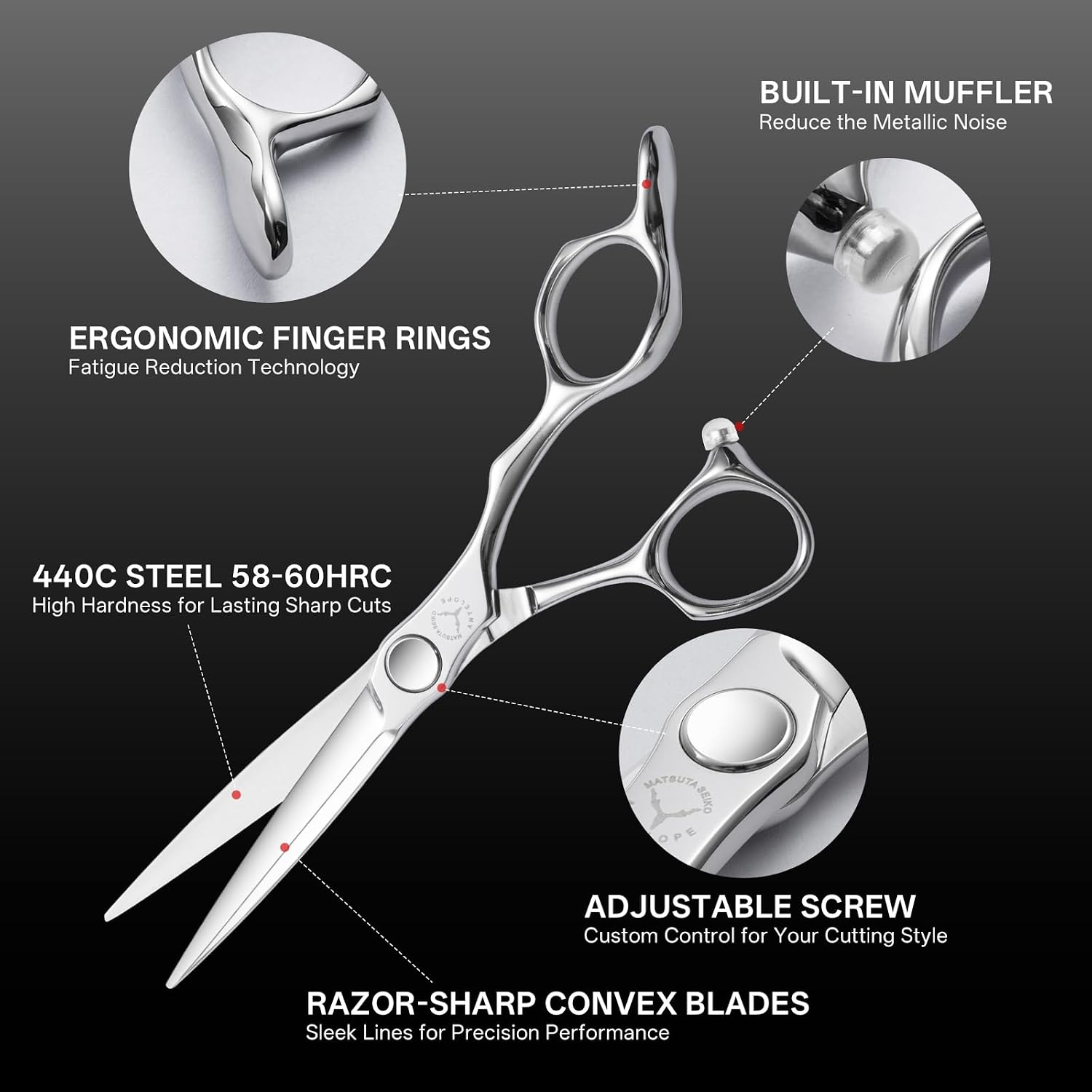 6 Inch Professional Hair Cutting Scissors – 440C Stainless Steel Barber Shears, Handcrafted Convex Edge Hair Scissors with Ergonomic Handle for Stylists, Barbers & Salon Use
