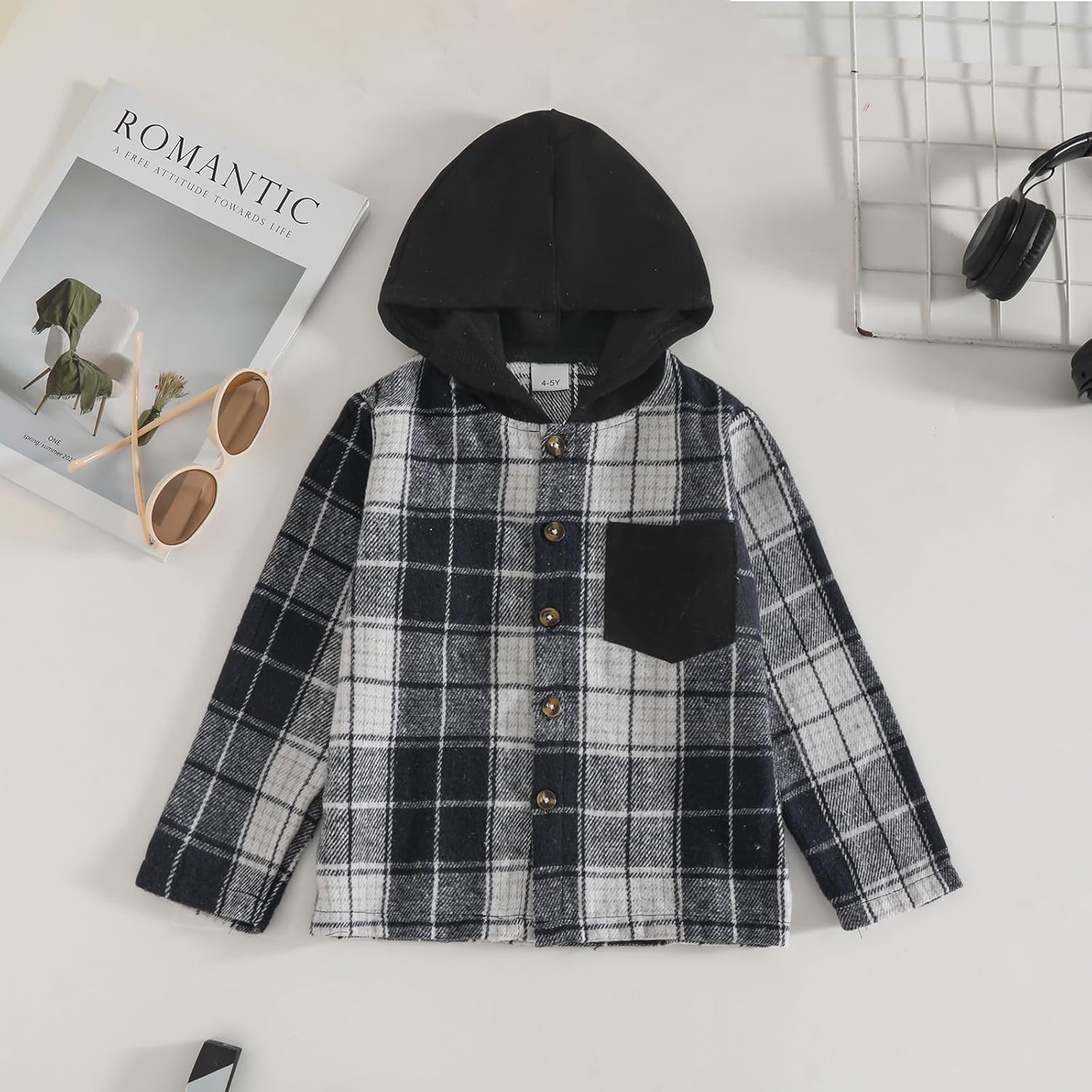 Boys Clothes Plaid Hooded Shirt 2pcs Outfit, Button Front Toddler Fall Winter Hoodie & Sweatpants Set, 4-8 years - Image 5