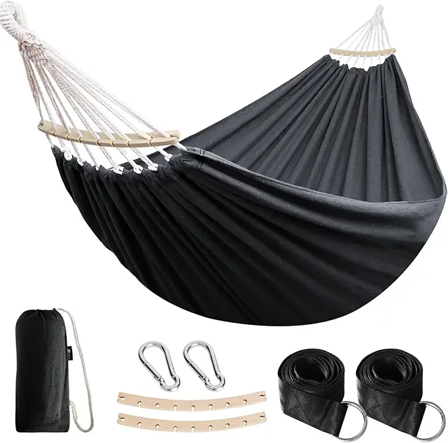 ANYOO Cotton Hammock with Curved Wood Bar - Portable Garden & Patio Hammock