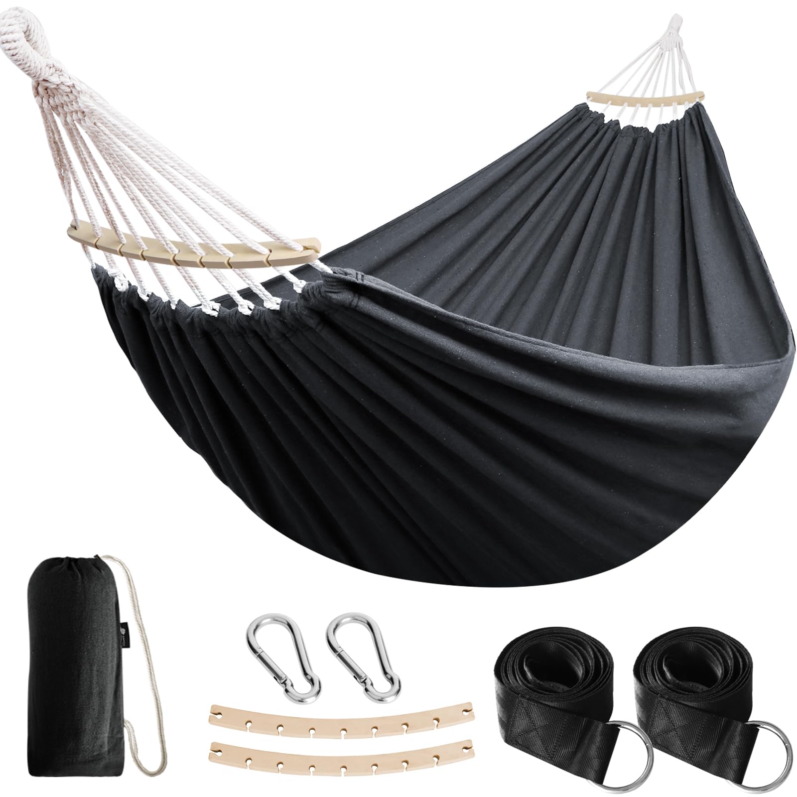 Anyoo Garden Cotton Hammock with 40CM Curved Wooden Bar Portable Comfortable Hammock with Compact Travel Bag,Perfect for Indoor/Outdoor Patio Yard Dary Gray