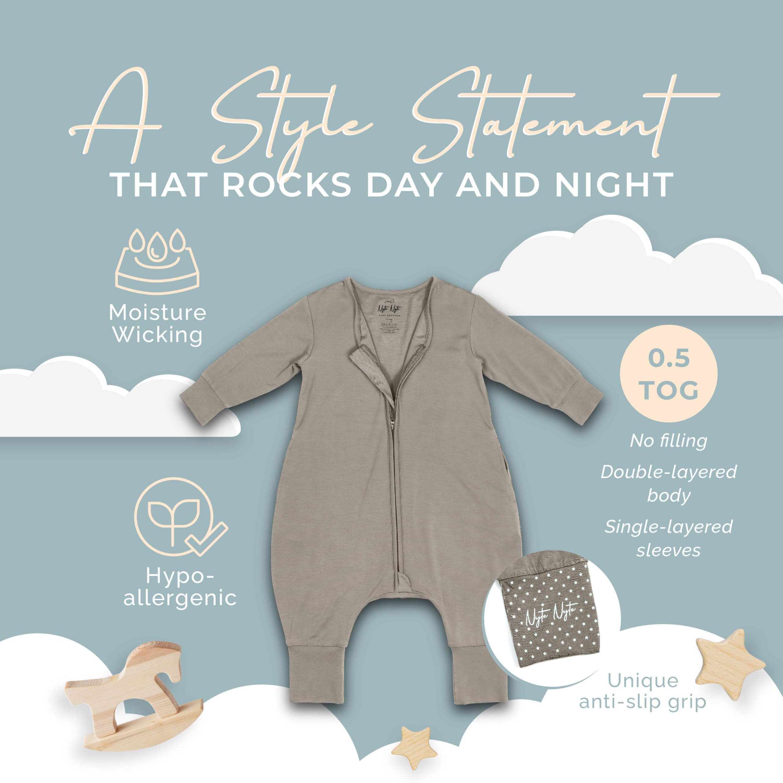 Nyte Nyte Baby- 0.5 TOG Taupe, 18 to 36 Months SnuggleSack Sleep Sack Rumper W Sleeves, Adjustable Feet Cuffs & Anti-Slip Grip
