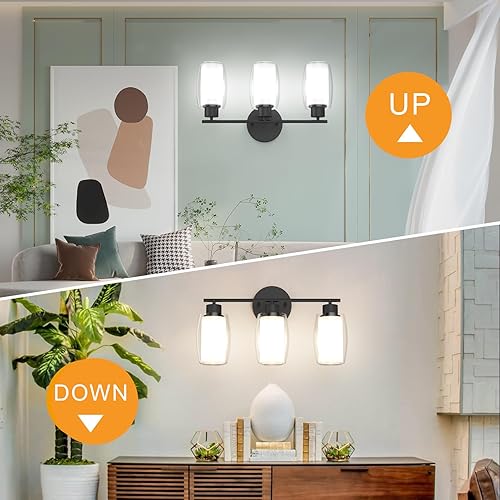 Miniatura 6 de Aipsun Lámpara de tocador negra de 3 luces para baño con vidrio transparente y vidrio esmerilado, moderno bahthroom que pasa sobre el espejo