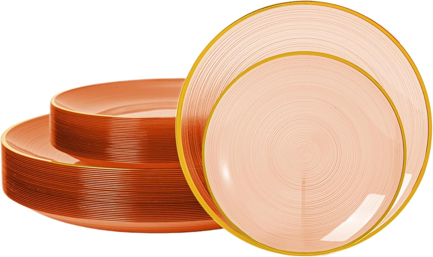 N9R 60PCS Orange Plastic Plates with Gold Rim, Elegant Disposable Plates, Circular Ribbed Design, 30 Dinner & 30 Dessert Plate for Parties, Weddings, Banquets and Events (Translucent Orange) Green