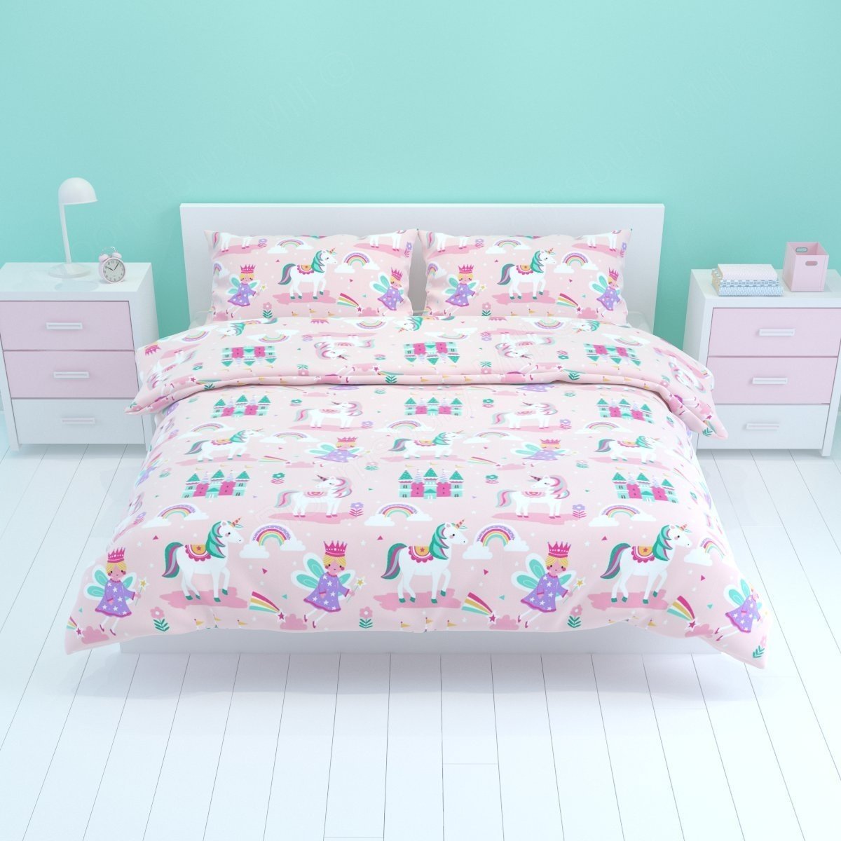 Bloomsbury Mill - Juego de Funda Nórdica Cama 105 para Niñas - Diseño de Unicornios, Princesas y Rosa Arcoiris - Juego de Edredón Reversible y 2 Almohadas para Infantil – 200 x 200 cm
