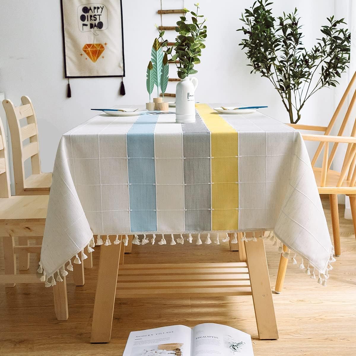 MOTYYA Tassel Table Cloth Cotton Linen Fabric Tablecloths Wrinkle Free Washable Table Cover for