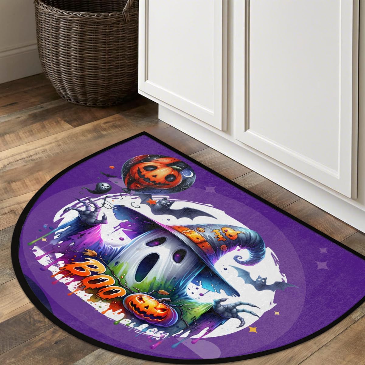 Halloween Ghost Purple Boo Half Round Doormat Washable Semi Circle Rug Non Slip Half Moon Rug Floor Mat for Indoor Outdoor Bathroom Kitchen Fireplace Entryway Bath Holiday Decor
