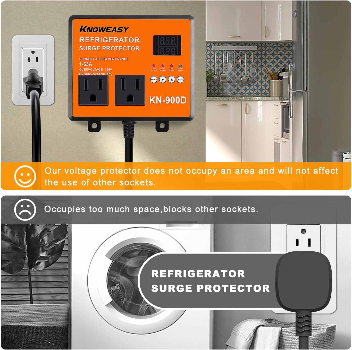Knoweasy Refrigerator Surge Protector, Double Outlet Voltage Protector with Time Delay - Protects Home Appliances from Brownouts, Spikes, and Voltage Abnormalities, Black