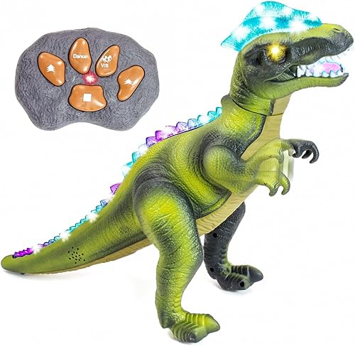 Kidplokio Juguetes de dinosaurio con control remoto a control remoto, sonidos de luces LED, verde, niños a partir de 3 años